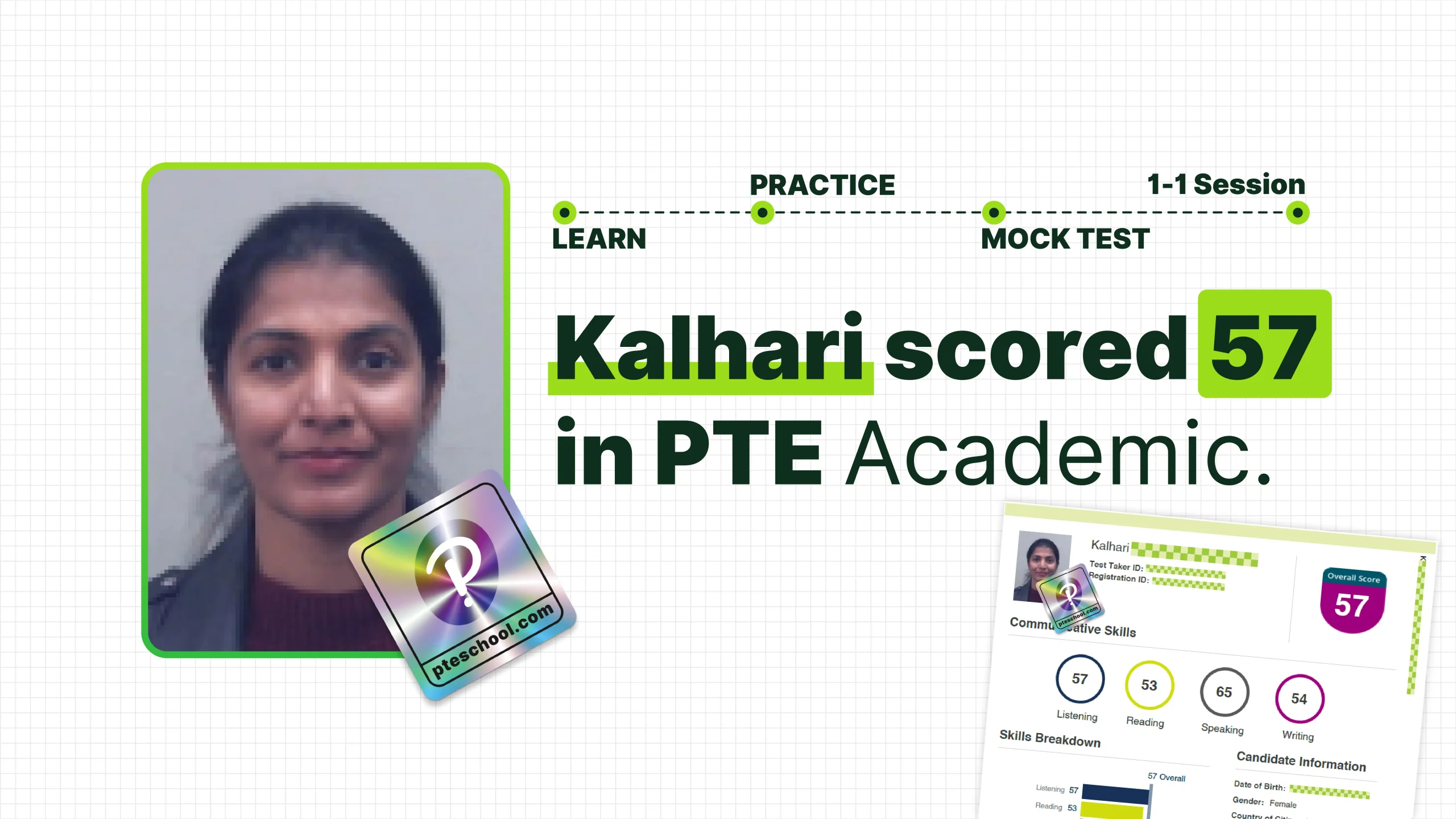 PTE School helped Kalahari achieve a score of 57 after failing in IELTS.